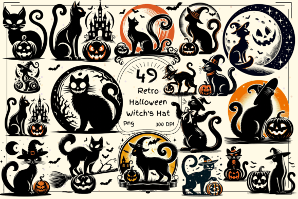 49 Vintage Halloween Cat Silhouettes: Retro Clipart